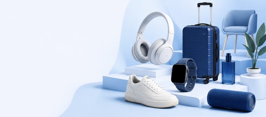 Premium blue and white lifestyle products — headphones, suitcase, smartwatch and home essentials